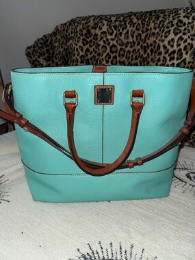 Dooney & Bourke Aqua Pebble Leather Tote with Brown Trim